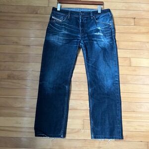 Diesel Industry Mens Waykee 31x32 Distressed Whiskered Straight Leg Jeans Blue